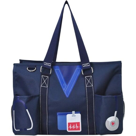 NGIL Navy Blue Medical Theme Utility Tote Bag With Pockets 15.5" L x 10.5" H x 6 - Picture 2 of 4